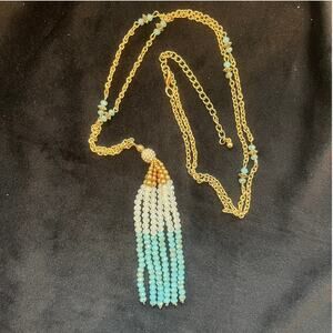 Gold Chain - Aquamarine Fringe Tassel 30-32" Adjustable Necklace